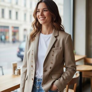 New York and Company Tan Blazer with Faux Flap Pocket Details